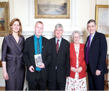 Hywel Francis with Mrs Elizabeth Dumayne and Councillor P Scott Jones with Gordon and Sarah Brown in No 10 Downing Street