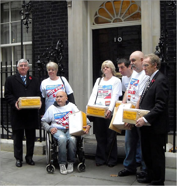 Aberavon MP Dr Hywel Francis (first left) with Remploy workers at Downing Street.