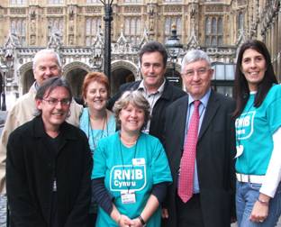 Chris Morgan, Bob Jones, Margaret Deeney, Gwenda Fitzpatrick from the RNIB, Ray Price, Hywel Francis MP and Rosie Lewis from the RNIB at the Lobby of Parliament in October 2008
