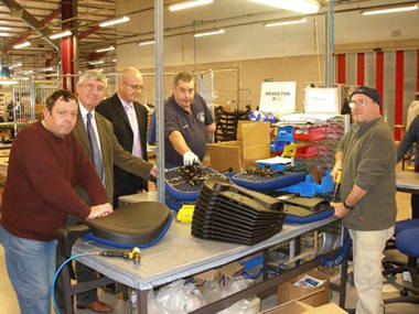 Dennis Godding, Dr Hywel Francis MP, Manager Garfield Morgan, Spenser Davies and Martin Pavey at the Remploy factory in Baglan