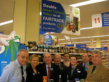 Pictured with Dr Francis and Dr Gibbons are Cllrs Peter Lloyd and David Lewis, Tesco Store Manager, Jeff Jones, Stock Control Manager, Zoey Jones, Fresh Food Manager, Alison Jones and Fairtrade Officer Natalie Aylott.